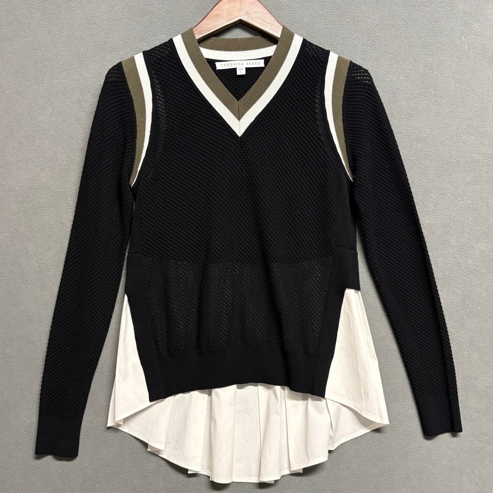 VERONICA BEARD Mixed Media Peplum Sweater Top S Black White Mesh Old Money
